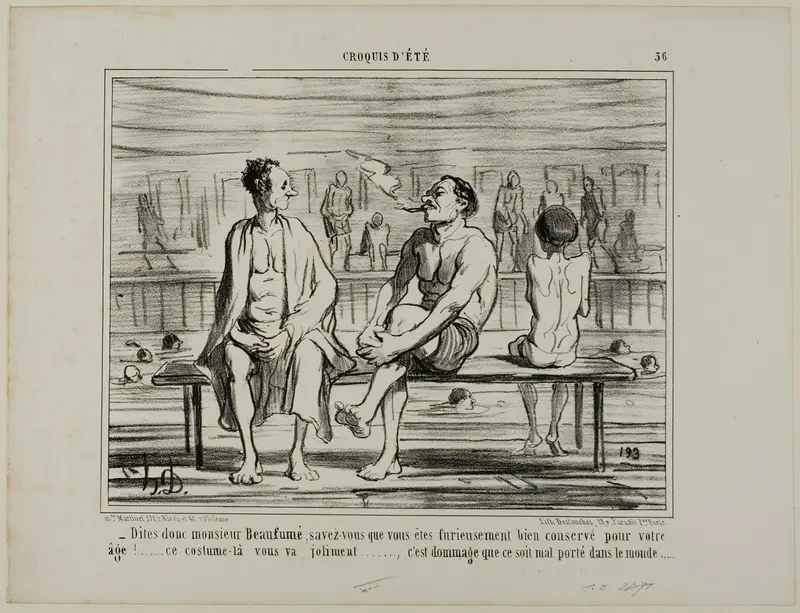 “You know, Monsieur Beaufumé, actually you have kept damned well considering your age. This costume suits you perfectly.... just too bad that it does not look good on everybody,” plate 36 from Croquis D'été