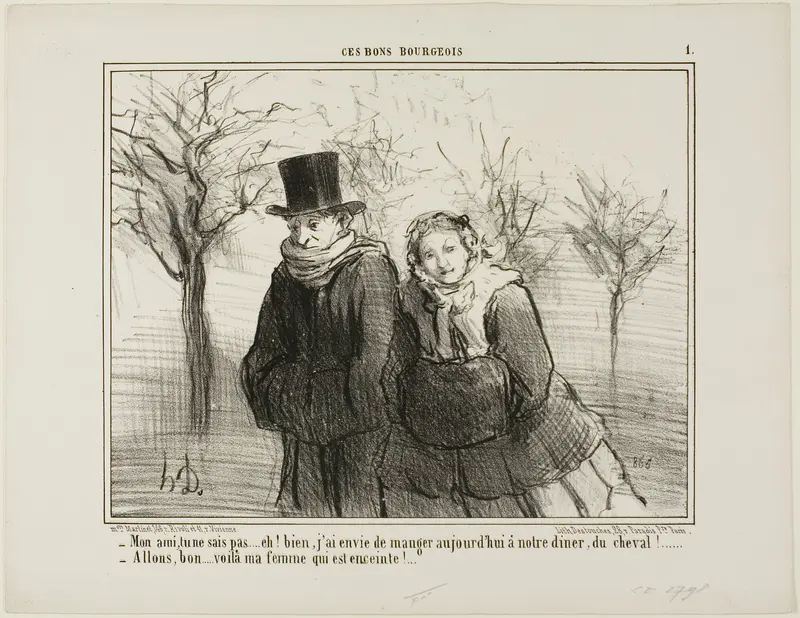 “- You know my dear, you'll never believe this, but I think I would love to have some horse-meat for dinner tonight! - There we go.... my wife must be pregnant!,” plate 1 from Ces Bons Bourgeois
