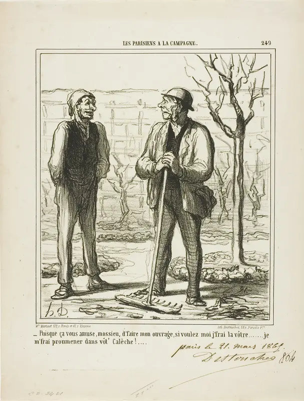 “- You seems to enjoy doing my work. In exchange I could offer doing your job: I will go for a ride in your coach!,” plate 249 from Les Parisiens A La Campagne