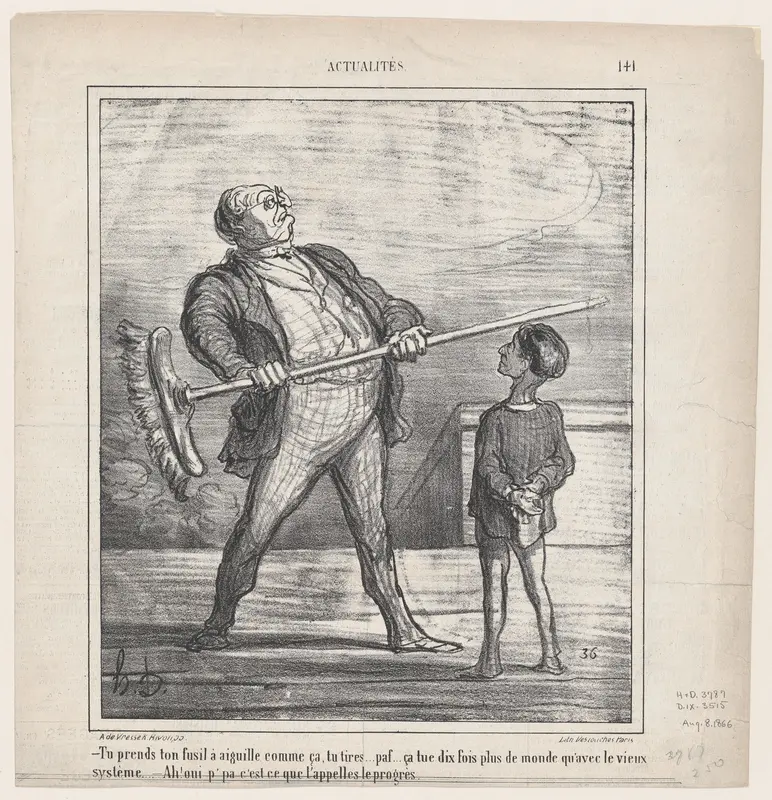 – You take your pin-gun in your hand like this... you fire... puff... this kills ten times more people than the old system... – Ah, yes papa, this is what one calls progress, from "News of the Day" Wall Art by Honoré Daumier - High-Resolution Digital Print