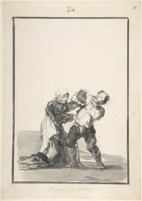 You'll See Later; a man drinking, a woman trying to stop him; page 24 from the "Black Border Album" (E)