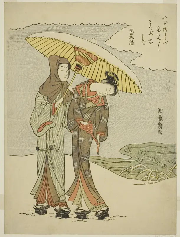 Young Couple Under an Umbrella in the Snow Wall Art by Isoda Koryusai - High-Resolution Digital Print