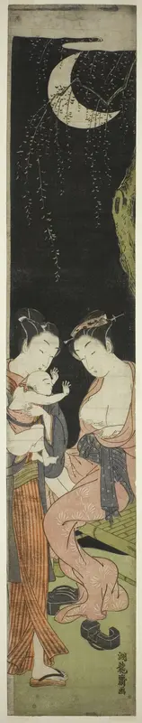 Young Couple with Infant Son on a Moonlit Night Wall Art by Isoda Koryusai - High-Resolution Digital Print