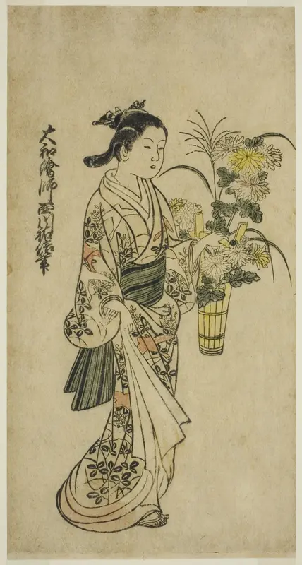 Young Girl Carrying a Flower Arrangement Wall Art by Nishikawa Sukenobu - High-Resolution Digital Print