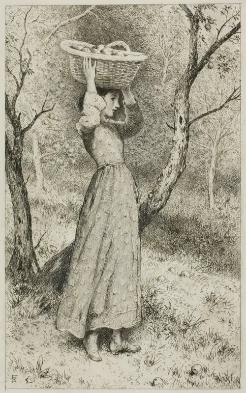 Young Girl in an Orchard with a Basket of Fruit Wall Art by Myles Birket Foster - High-Resolution Digital Print