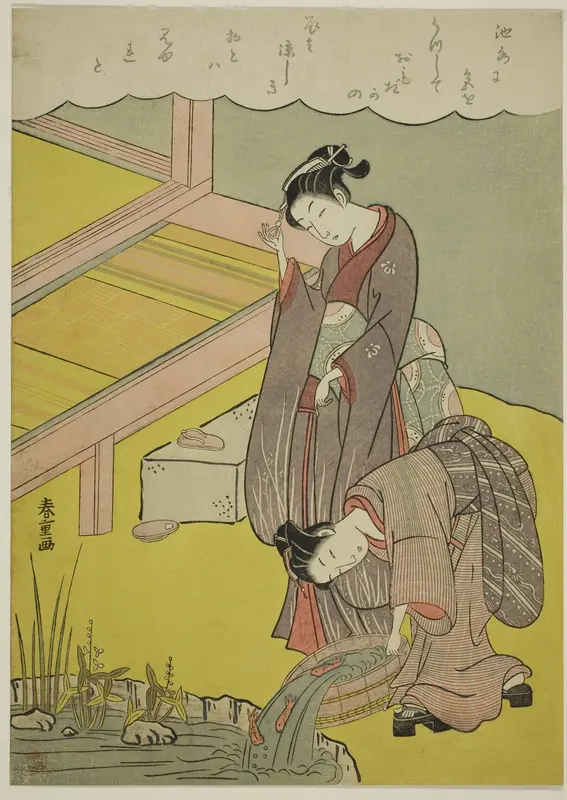 Young Girl Throwing Fish into Pond