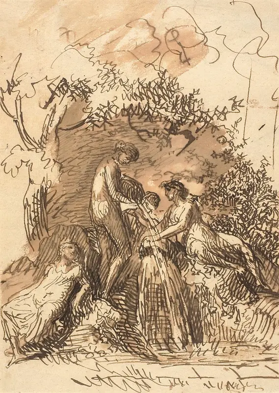 Young Girls at a Fountain (recto); Fragment of Sketch of Legs (verso) Wall Art by Johann Christian Reinhart - High-Resolution Digital Print