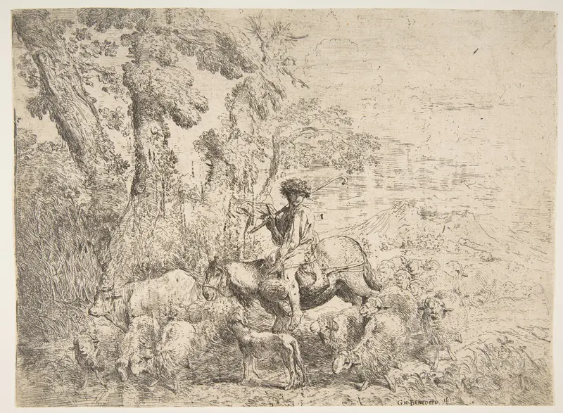 Young herdsman on horseback Wall Art by Giovanni Benedetto Castiglione (Il Grechetto) - High-Resolution Digital Print