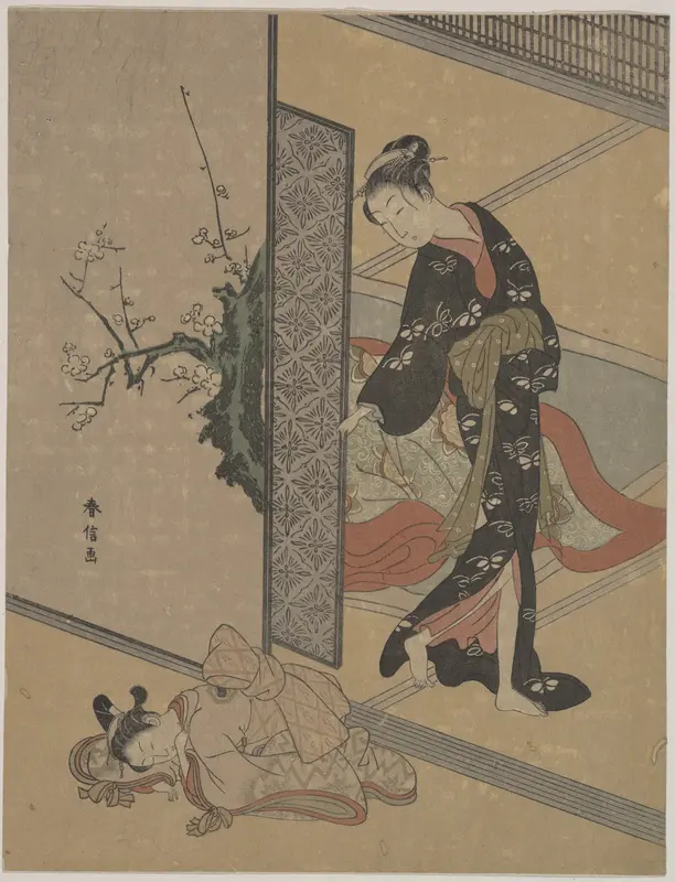 Young Lady Looking through Door at Her Kamuro (Little Servant) who is Asleep on the Floor