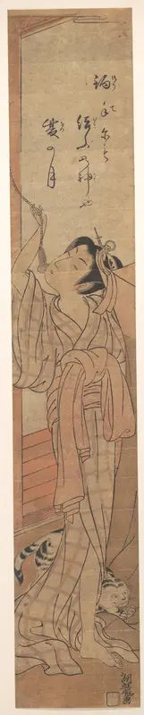 Young Lady Toying with the Tassel of Her Bed–net while a Cat Plays at Her Feet