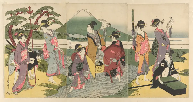 Young man and his party crossing a stream before Mt. Fuji