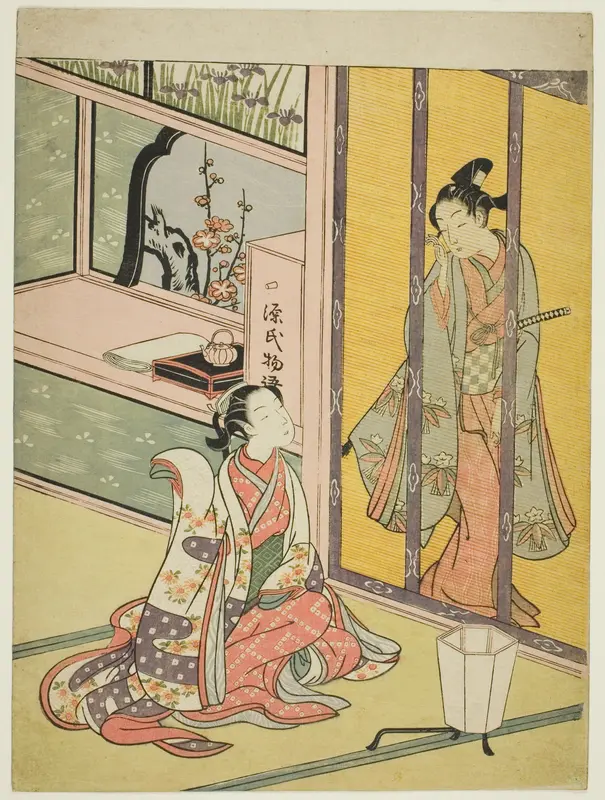 Young Man and Woman Talking through a Bamboo Blind Wall Art by Suzuki Harunobu - High-Resolution Digital Print