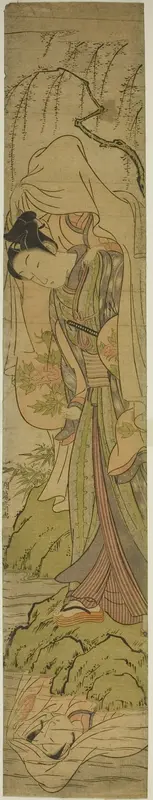 Young Man Carrying a Girl Sees her Reflection in the Water Wall Art by Isoda Koryusai - High-Resolution Digital Print