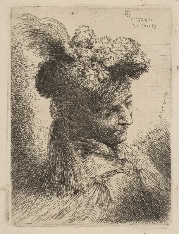 Young man facing three quarters right wearing a fur headdress with a plume, jewel and a headband, from "Small Heads in Oriental Headdress"