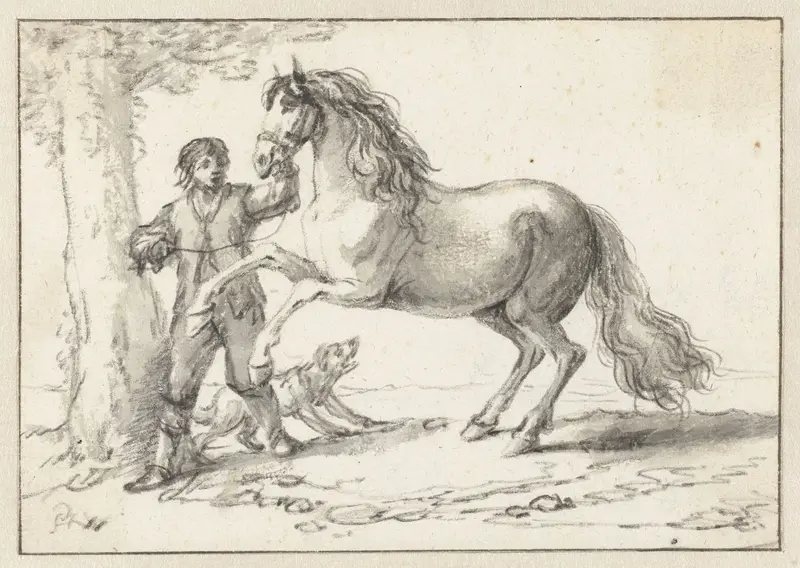 Young Man Holding a Rearing Horse by its Bridle, Frightened by a Barking Dog Wall Art by Philips Wouwerman - High-Resolution Digital Print