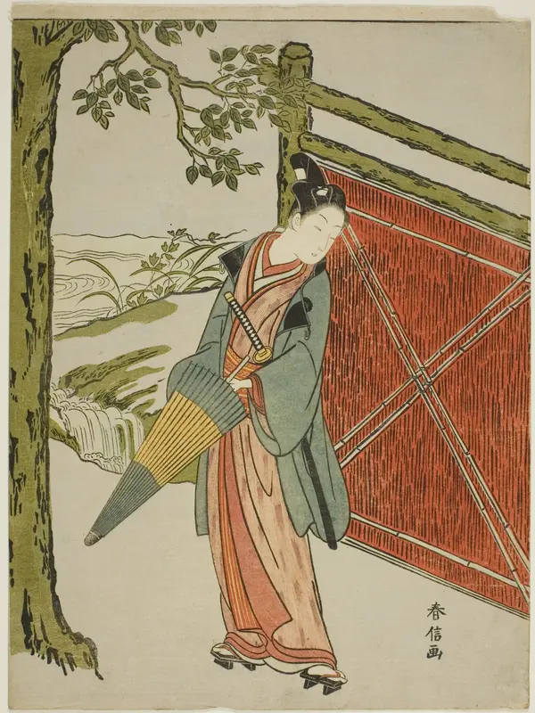 Young Man Holding Umbrella Beside a Fence Wall Art by Suzuki Harunobu - High-Resolution Digital Print