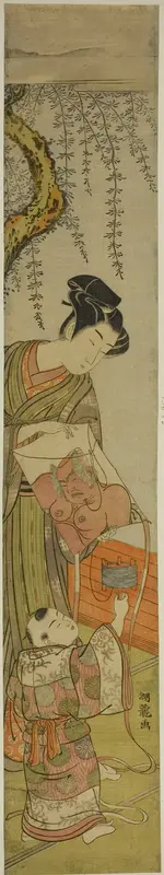Young Man Holds a Kite for a Child Wall Art by Isoda Koryusai - High-Resolution Digital Print