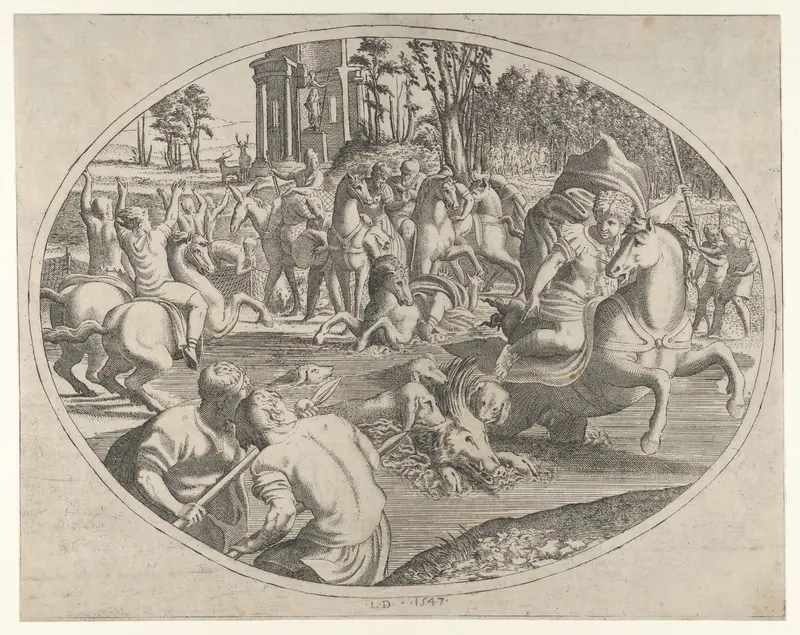Young Man Hunting a Wild Boar, from "Three Prints on Hunting and Fishing" by Léon Davent - High-Resolution Digital Print