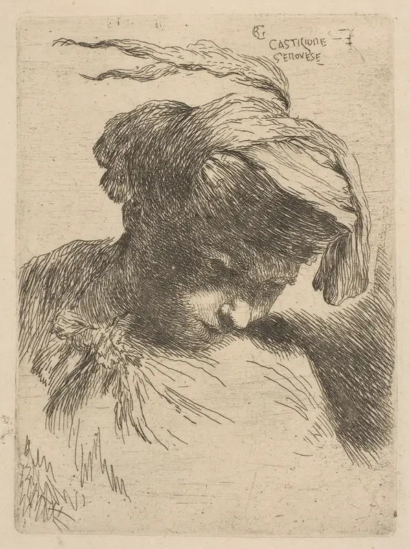 Young man looking down to right, from "Small Heads in Oriental Headdress"
