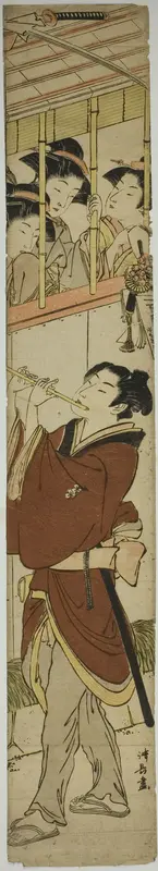 Young Man Playing Flute as Three Girls Watch
