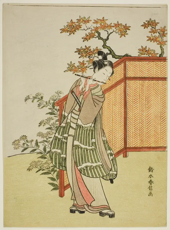 Young Man Playing the Flute Beside a Fence Wall Art by Suzuki Harunobu - High-Resolution Digital Print