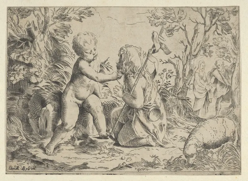 Young Saint John the Baptist kneeling before the infant Christ who caresses his face, the Virgin and Joseph in the background at right, after Reni Wall Art by Anonymous, 17th century - High-Resolution Digital Print