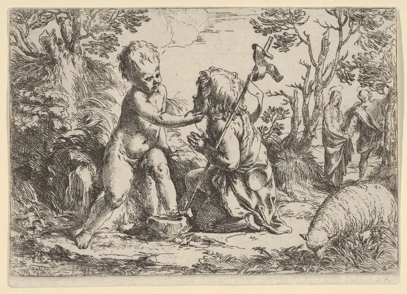 Young Saint John the Baptist kneeling before the infant Christ who caresses his face, the Virgin and Joseph in the background at right Wall Art by Guido Reni - High-Resolution Digital Print