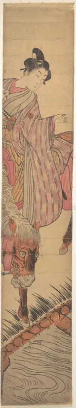Young Samurai on Horseback Crossing a Bridge