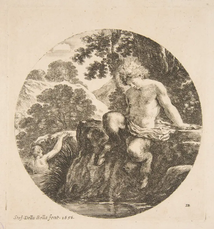 Young Satyr About to Bathe in a River, from "Landscapes and seaports" (Paysages et ports de mer, dans des ronds) Wall Art by Stefano della Bella - High-Resolution Digital Print