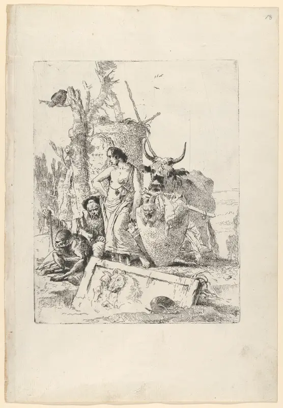 Young shepherdess and old man with a monkey, from the Scherzi Wall Art by Giovanni Battista Tiepolo - High-Resolution Digital Print