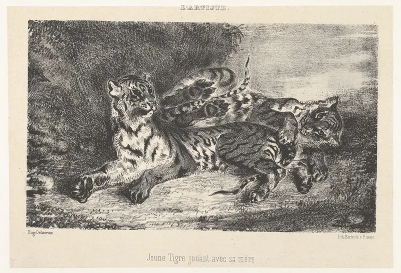 Young Tiger Playing with Its Mother, from "L'Artiste" Wall Art by Eugène Delacroix - High-Resolution Digital Print