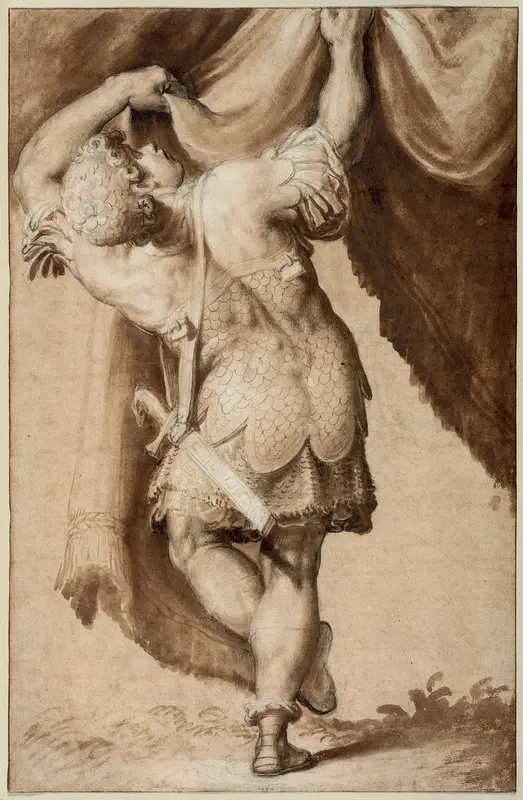 Young Warrior, Seen from Behind, Lifting a Curtain