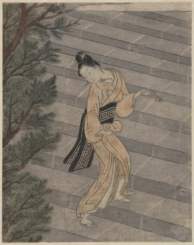 Young Woman Climbing Stone Stairs to a Shinto Temple