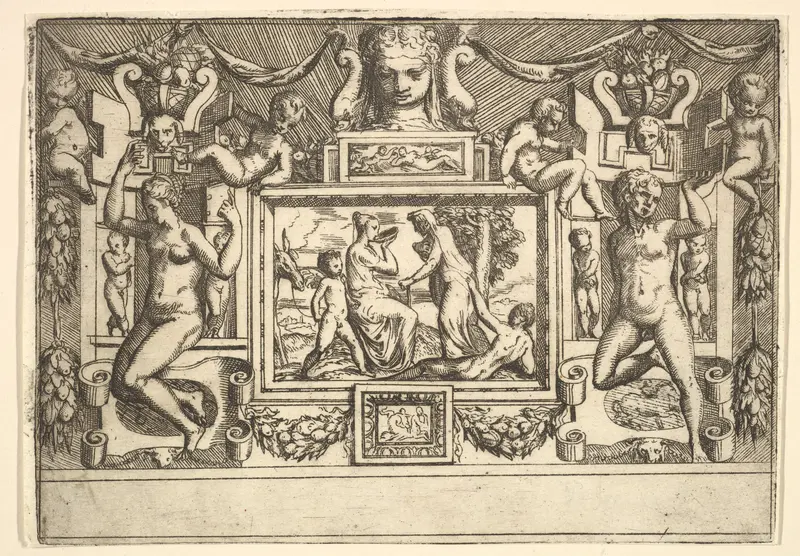 Young woman drinking from a bowl, an old woman standing in front of her, set within an elaborate frame Wall Art by Battista Angolo del Moro - High-Resolution Digital Print