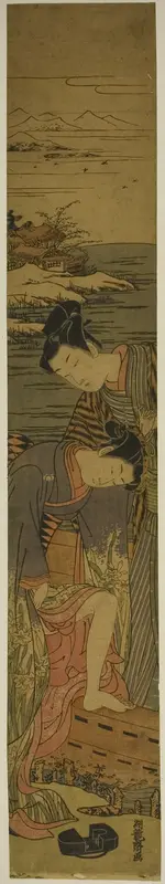 Young Woman Drops her Geta as She Boards a Boat Wall Art by Isoda Koryusai - High-Resolution Digital Print