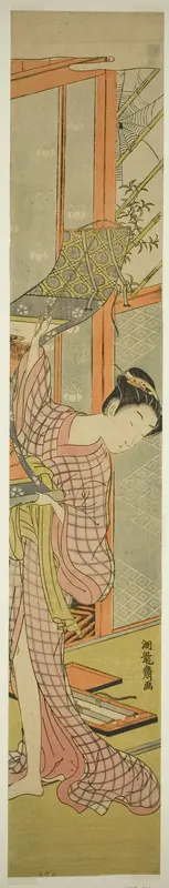 Young Woman Hanging a Painting Wall Art by Isoda Koryusai - High-Resolution Digital Print