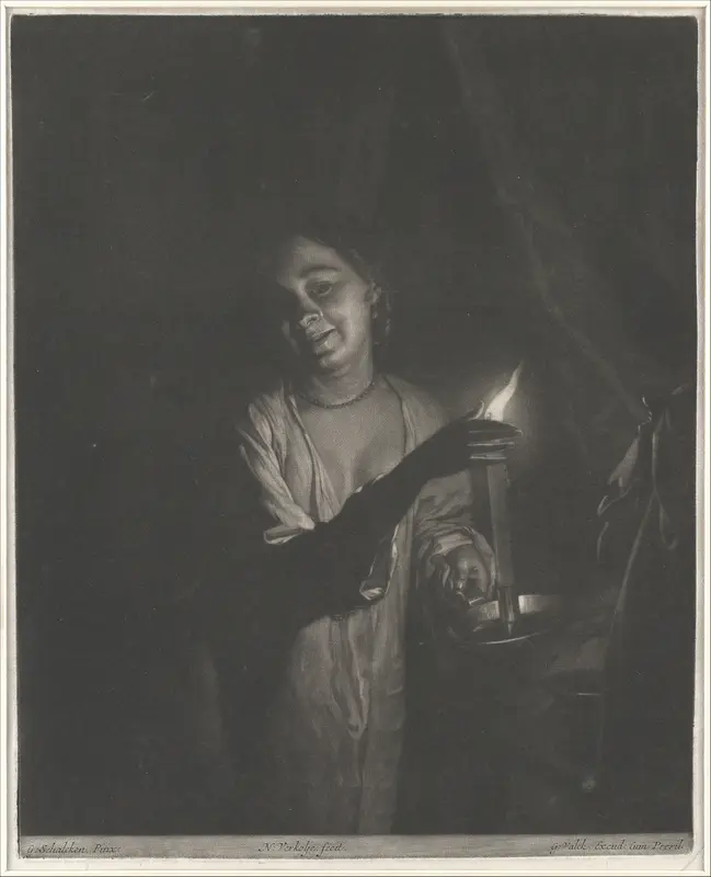Young Woman Holding a Candle in a Bedchamber Wall Art by Nicholas Verkolje - High-Resolution Digital Print