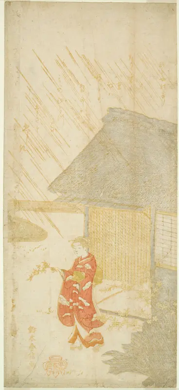 Young Woman Holding a Kerria Branch (parody of Ota Dokan) Wall Art by Suzuki Harunobu - High-Resolution Digital Print