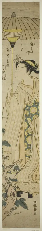 Young Woman Holding Parasol Admires Hirugao (noon-face) Flowers Wall Art by Isoda Koryusai - High-Resolution Digital Print