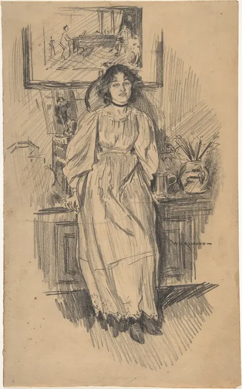 Young Woman Leaning against a Low Cabinet in Artist's Studio Wall Art by William Douglas Almond - High-Resolution Digital Print