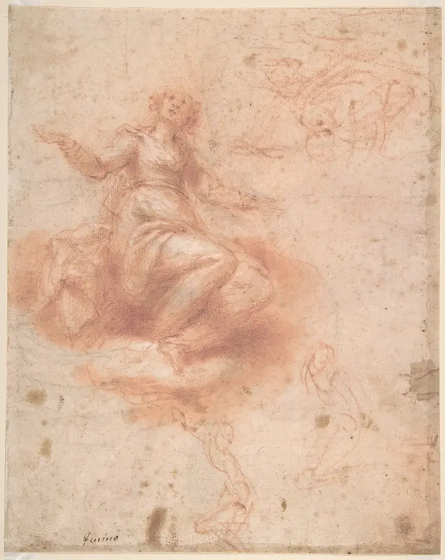 Young Woman on a Cloud with Three Figures (recto); Studies of an Old Man and a Hand (verso) Wall Art by Francesco Furini - High-Resolution Digital Print