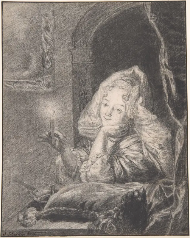 Young Woman Seated at a Table, Holding a Candle Wall Art by Godfried Schalcken - High-Resolution Digital Print