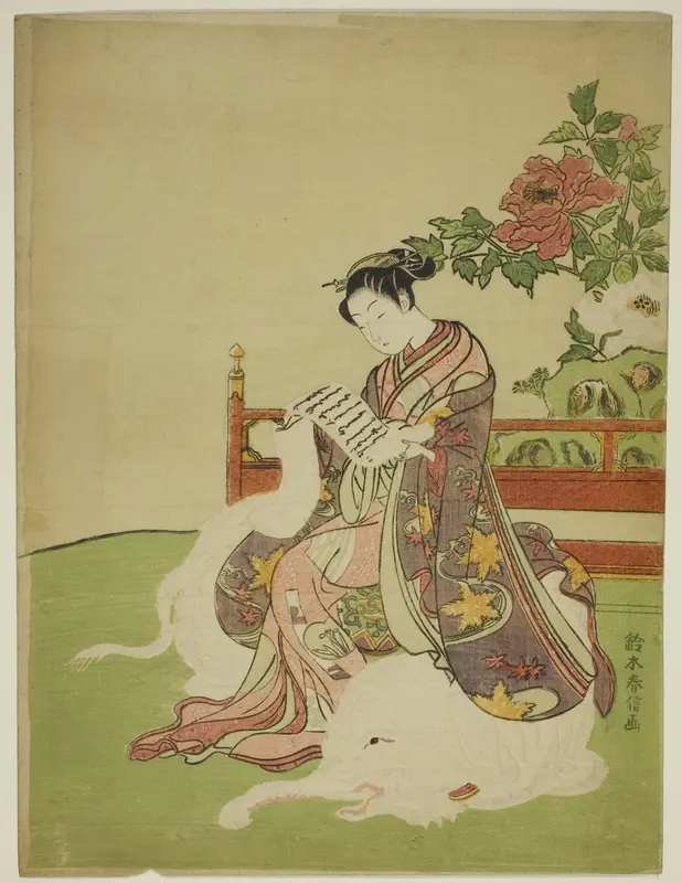 Young Woman Seated on a White Elephant (parody of the Bodhisattva Fugen) Wall Art by Suzuki Harunobu - High-Resolution Digital Print