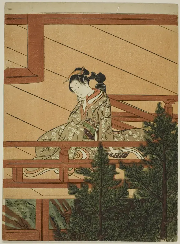 Young Woman Seated on the Balcony of Kiyomizu Temple Wall Art by Suzuki Harunobu - High-Resolution Digital Print