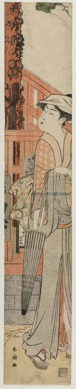 Young Woman Standing Beside a Pine Tree Within the Precincts of a Temple Wall Art by Katsukawa Shunchô - High-Resolution Digital Print