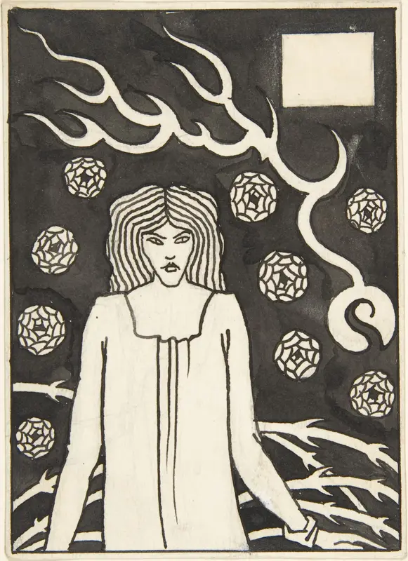 Young Woman Surrounded by Briars, Lightning and Roses (Chapter Heading, "Le Morte d'Arthur," J. M. Dent 1893–94, Part III, book vi, chapter xvii, p. 215 and Part VII, book x, chapter xxii, p. 500) Wall Art by Aubrey Vincent Beardsley - High-Resolution Digital Print