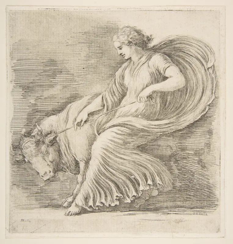 Young Woman Trying to Stop a Bull Wall Art by Stefano della Bella - High-Resolution Digital Print