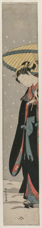 Young Woman Walking in Snow with Umbrella Wall Art by Suzuki Harunobu - High-Resolution Digital Print