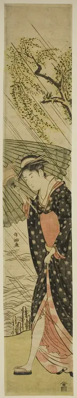 Young Woman Walking on a River Bank in Rain Wall Art by Kubo Shunman - High-Resolution Digital Print
