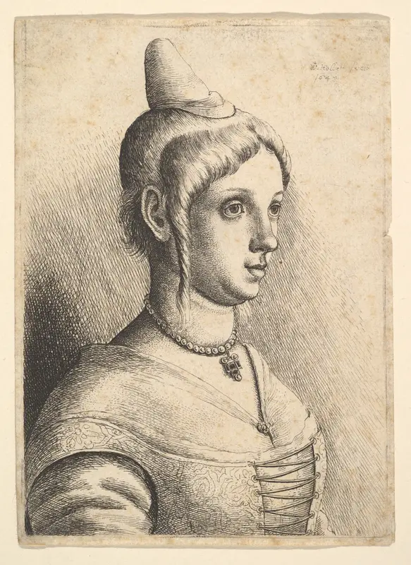 Young woman with a conical hat to right